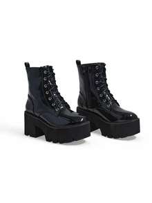 Trivaya Fall/Winter Zipper Side Lace-Up Front Wedge Boots, Black Punk Style Solid Color Women's Wedge Heel Platform Boots,Boots For Women - Black - View 3