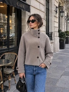 Women's Autumn/Winter New Vintage High Neck Asymmetrical Button Short Overcoat, Minimalist Elegant Design With Turned Cuffs, Grey Overcoat - Apricot - View 1