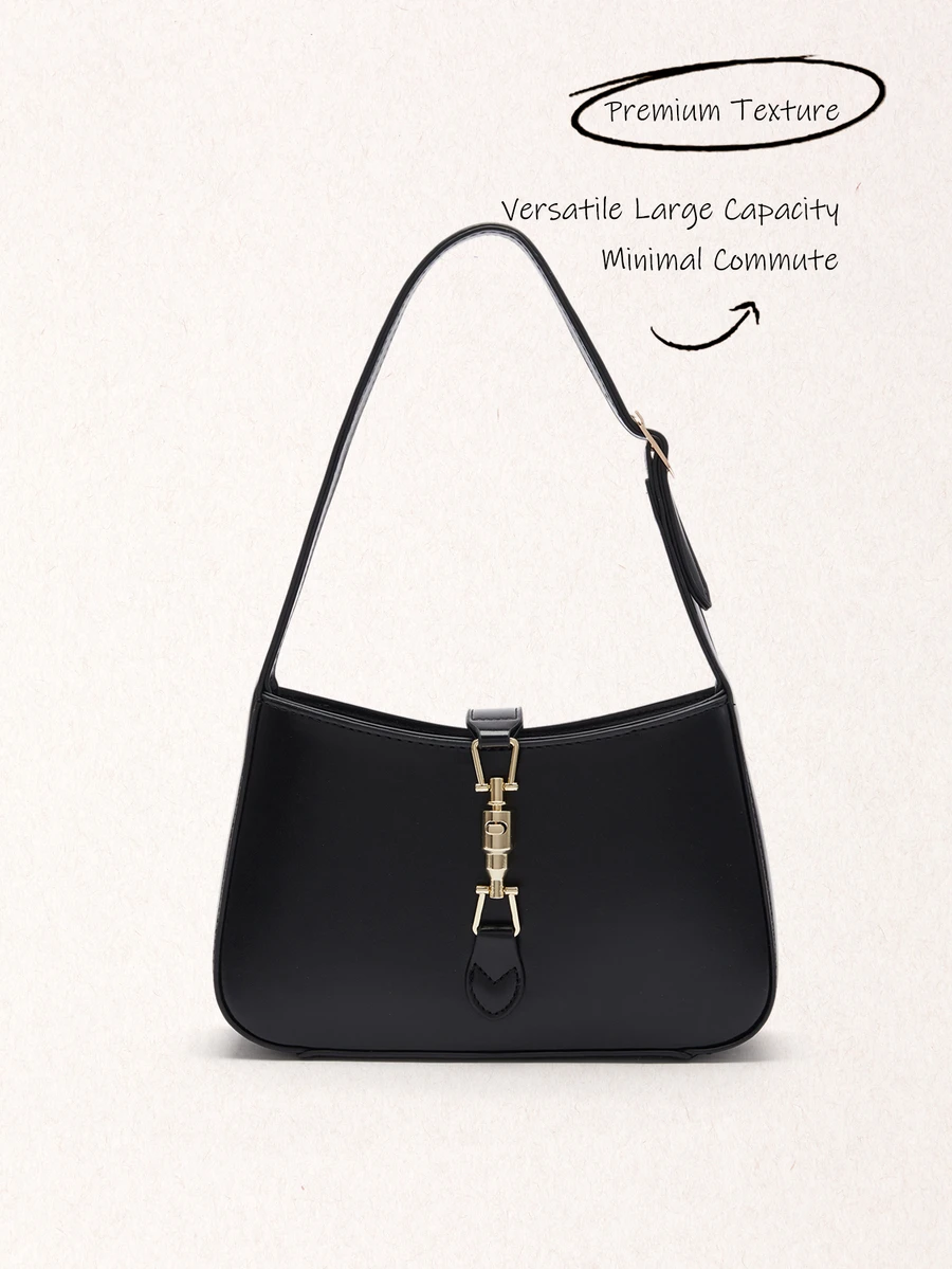 Okurime. Lightweight Luxurious Baguette Bag With Adjustable Strap & Distinctive Buckle, Elegant Crossbody Shoulder Bag, Dating, Work, Travel, Daily - Black - View 1
