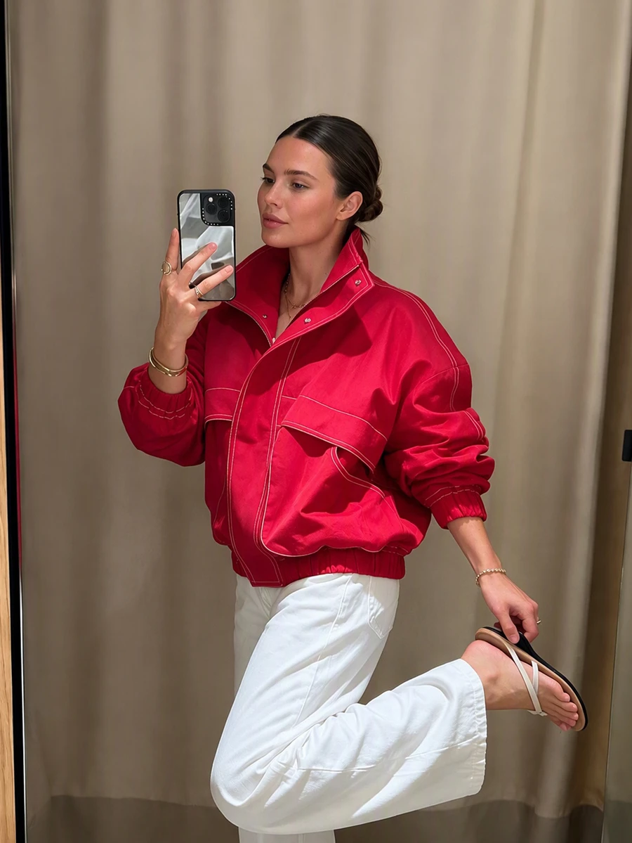 Women's Pure Red Drop Shoulder Baseball Jacket, Loose Casual Street Style Outerwear, Suitable For Spring And Autumn Vacation - Red - View 1