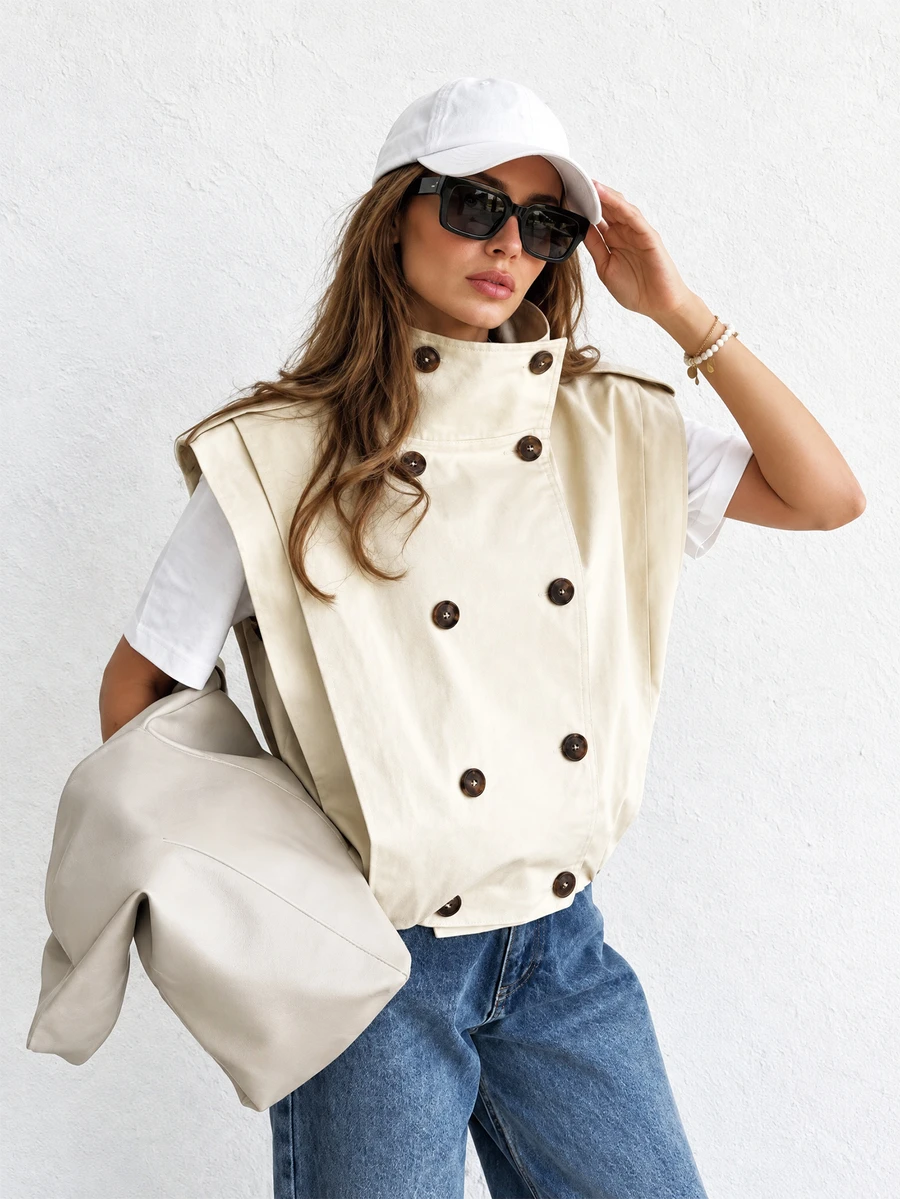 Women's Solid Color Stand Collar Casual Versatile Vest Top - Apricot - View 1