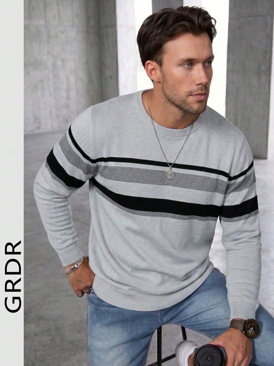 GRDR 1pc Men's Autumn/Winter Casual Striped Knit Sweater - Grey - View 1