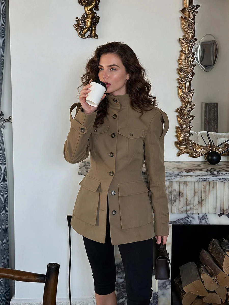 Women's Tie-Up Pocket Stand Collar Long Sleeve Jacket, Elegant For Autumn Spring - Apricot - View 1