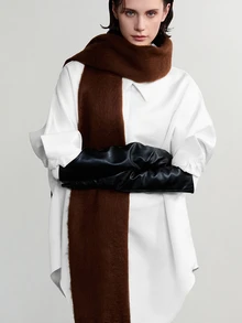 NobleVue 1pc Solid Color Thick Mohair Tassel Large Women's Scarf, Autumn/Winter Long Warm Shawl, Fluffy Fleece Fabric, Soft Matte Texture - Coffee Brown - View 5
