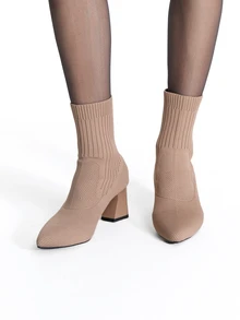 CHICVUE Women's Knitted High-Heeled Mid Heeled Boots, Simple And Fashionable Sleeve Elastic Boots, Versatile For Daily Use, Pointed And Thick Heeled Boots - Apricot - View 1