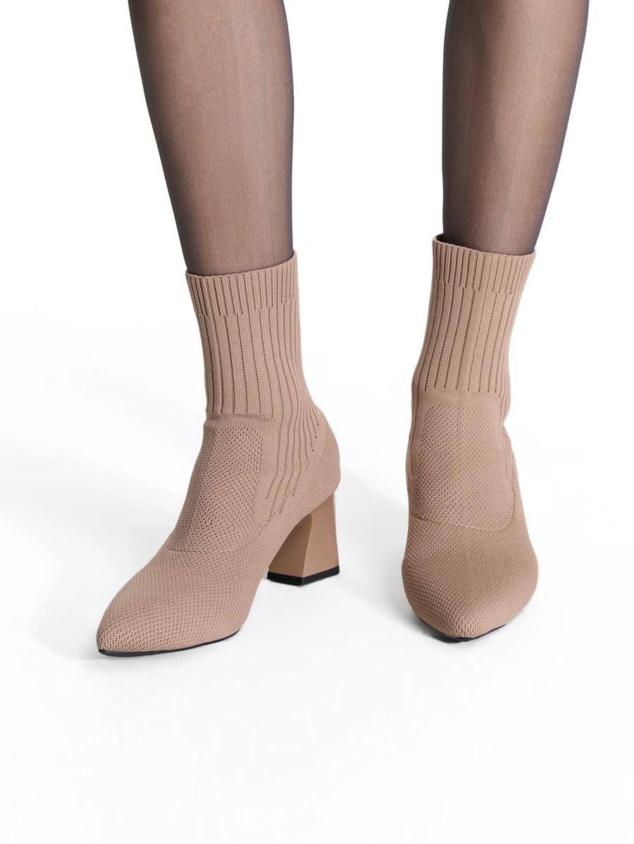 CHICVUE Women's Knitted High-Heeled Mid Heeled Boots, Simple And Fashionable Sleeve Elastic Boots, Versatile For Daily Use, Pointed And Thick Heeled Boots - Apricot - View 1