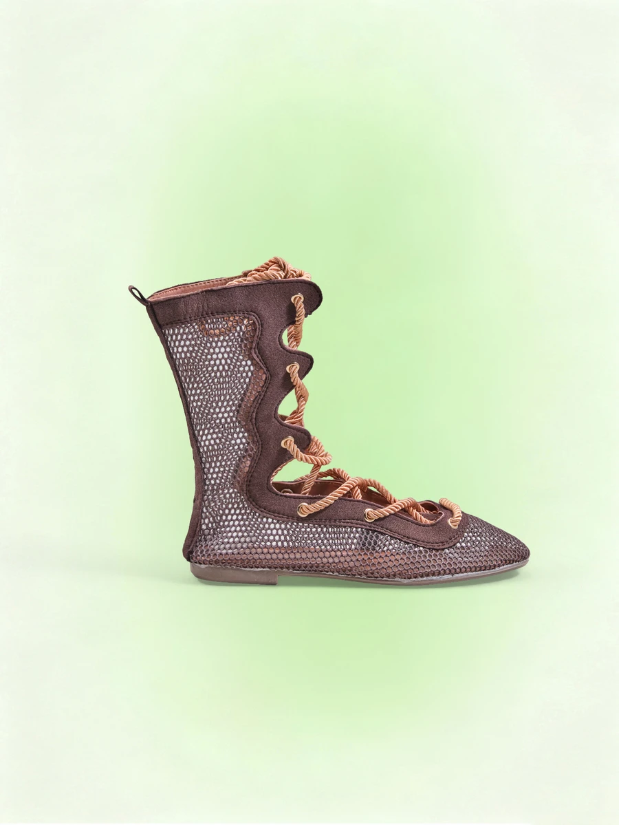 Trivaya Brown Lace-Up Patchwork Brown Mesh Spring/Summer Fashion Women's Ankle Boots - Coffee Brown - View 1
