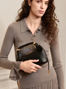 Clariva European Style Litchi Texture Solid Color Metal Ring Luxury Handbag - Black - View 4