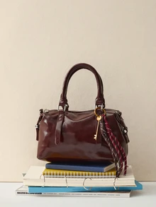 Okurime. 2025 New Solid Color Soft PU Luxury Handbag, Fashion Retro Daily Casual Gift Tote Bag For Women - Burgundy - View 1