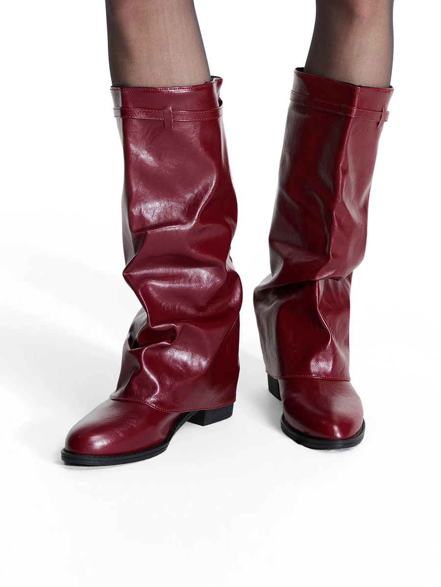 1 Pair Popular Folded Pleated Boots Fashion Buckle Flat Comfortable - Burgundy - View 1
