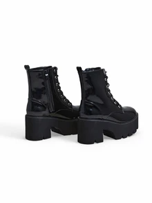 Trivaya Fall/Winter Zipper Side Lace-Up Front Wedge Boots, Black Punk Style Solid Color Women's Wedge Heel Platform Boots,Boots For Women - Black - View 2