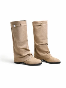 Trivaya 1 Pair Popular Folded Pleated Boots Fashion Buckle Flat Comfortable Solid Color Western Style Casual Microfiber - Khaki - View 3