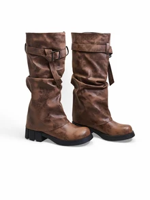 Trivaya Fall/Winter 2025 2024 New Vintage Mid-Heel Fashion Boots For Women, Distressed Riding Boots With Buckle - Brown - View 3