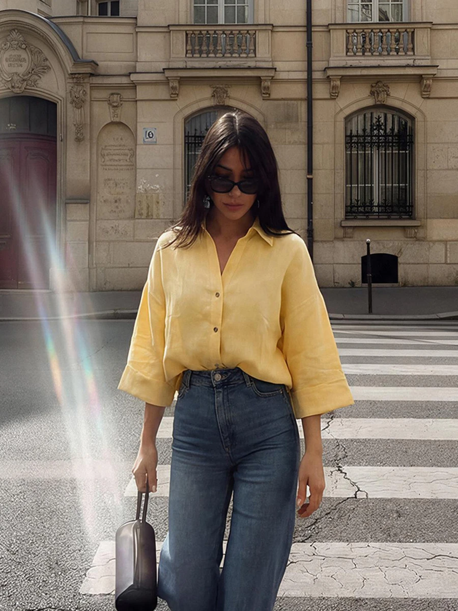 Women's Spring/Summer New Casual Lapel Linen Blend Shirt, Wide Sleeve Cool-Touch Top, Versatile Slimming Old Money Style Yellow - Yellow - View 1