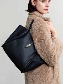 NobleVue Fashion Minimalist Solid Color PU Campus Style Tote Bag, Shoulder Bag, Multifunctional Handbag, Suitable For Women Shopping,Student And Daily Use - Black - View 1
