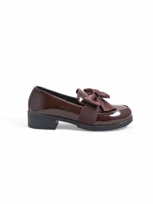 Trivaya Versatile Round Toe Bow Decor Low Heel Loafers, Mirror Finish Slip-On Shoes, Chunky Heel Leather Shoes, Vintage British Style - Brown - View 3