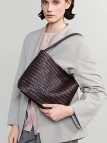 NobleVue Fashionable Personalized Woven PU Material Women's Shoulder Bag, Minimalist High-End Large Capacity Storage Handbag/Bucket Bag - Coffee - View 1