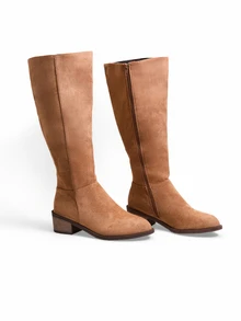 Trivaya Fall/Winter Plus Size Women's Suede Brown Knee-High Boots With Side Zipper And Chunky Heel - Khaki - View 3