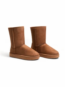 Trivaya Women's Matte Frosted Solid Color No Print Round Toe Mid-Calf Flat Thick Sole Snow Boots Minimalist - Camel - View 3