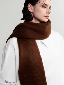 NobleVue 1pc Solid Color Thick Mohair Tassel Large Women's Scarf, Autumn/Winter Long Warm Shawl, Fluffy Fleece Fabric, Soft Matte Texture - Coffee Brown - View 1