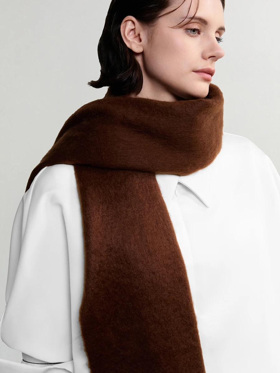 NobleVue 1pc Solid Color Thick Mohair Tassel Large Women's Scarf, Autumn/Winter Long Warm Shawl, Fluffy Fleece Fabric, Soft Matte Texture - Coffee Brown - View 1