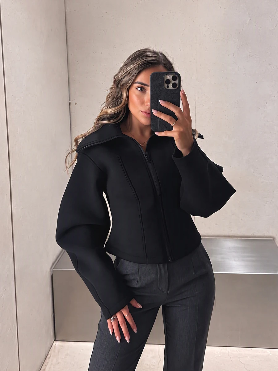 Women's Wide Zipper Jacket, Fashion Slim Fit Lightweight Solid Color Outerwear, Suitable For Spring And Autumn Black - Black - View 1