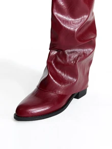 1 Pair Popular Folded Pleated Boots Fashion Buckle Flat Comfortable - Burgundy - View 4