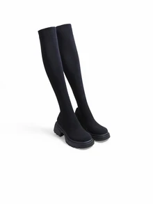 Trivaya Women's Thick Sole Over-The-Knee Tall Boots, High Heel Round Toe Slip-On Pants Boots - Black - View 3