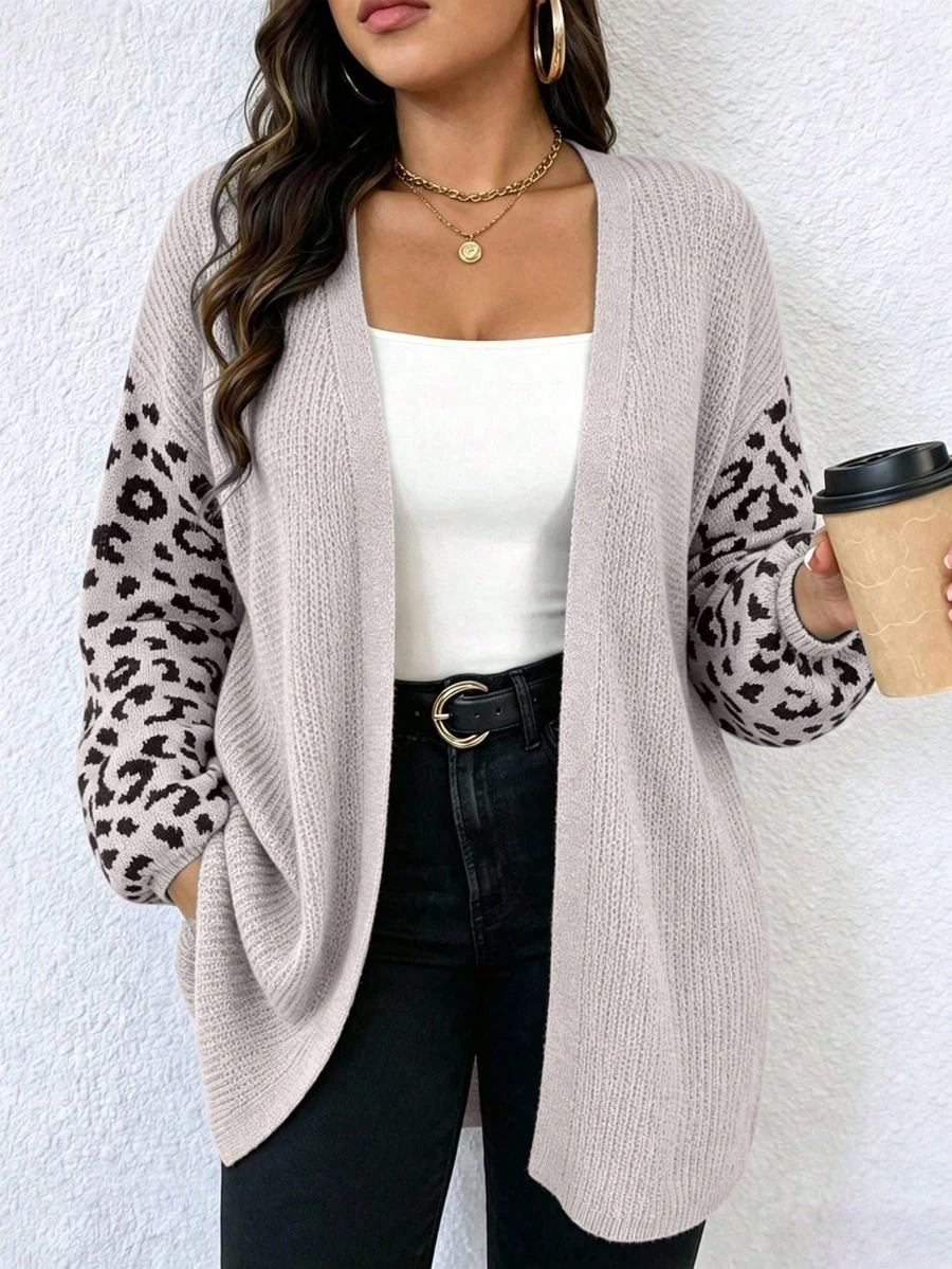 Women's Plus Size Leopard Print Cardigan, Long Sleeve Dropped Shoulder Knit Sweater, Suitable For Autumn - Grey - View 1