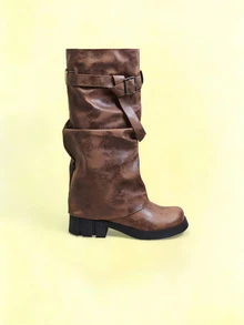 Trivaya Fall/Winter 2025 2024 New Vintage Mid-Heel Fashion Boots For Women, Distressed Riding Boots With Buckle - Brown - View 1