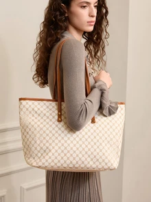 Clariva 1pc White PU Zipper Pattern Print Rivet Inlaid Minimalist Practical Large Capacity Shoulder Tote Bag, Suitable For Women Daily Use - White - View 3