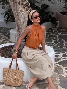 Women's Sexy Collarless Ruffle Strap Tank Top, Solid Color Sleeveless Party Blouse, Casual Style - Burnt Orange - View 1