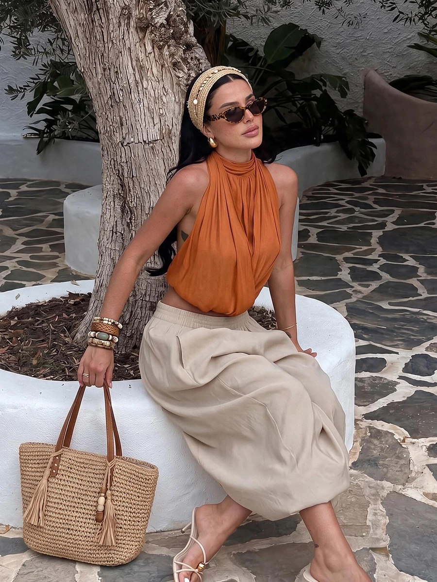 Women's Sexy Collarless Ruffle Strap Tank Top, Solid Color Sleeveless Party Blouse, Casual Style - Burnt Orange - View 1