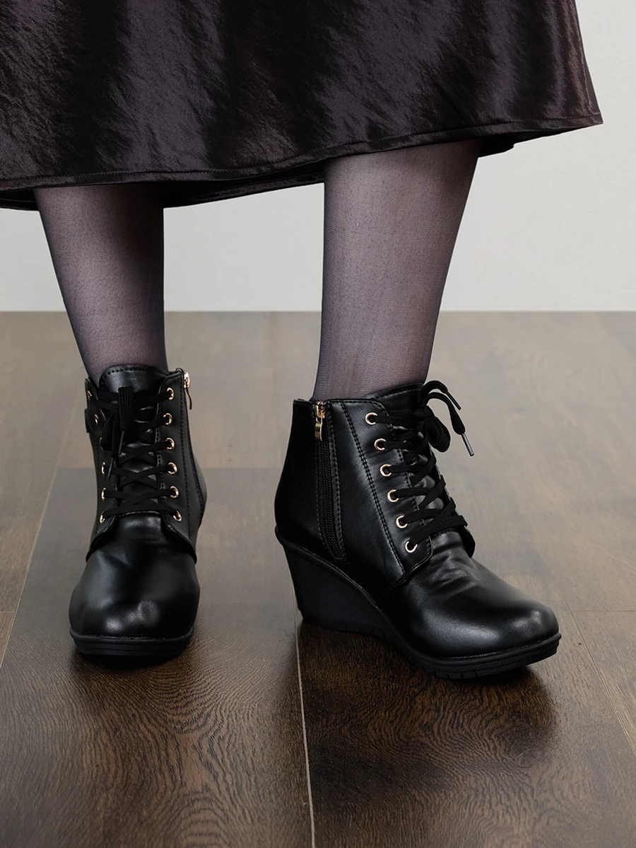 NobleVue Women's Fashion Casual High Heel Platform Lace-Up Round Toe Ankle Boots, Versatile For Spring, Summer, Autumn - Black - View 1