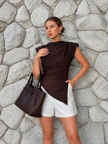 Women's Elegant Solid Color Padded Shoulder Sleeveless Vest, Office Lady Casual Ruffle Asymmetric Zipper Fitted T-Shirt Summer - Chocolate Brown - View 6