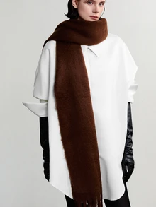 NobleVue 1pc Solid Color Thick Mohair Tassel Large Women's Scarf, Autumn/Winter Long Warm Shawl, Fluffy Fleece Fabric, Soft Matte Texture - Coffee Brown - View 2