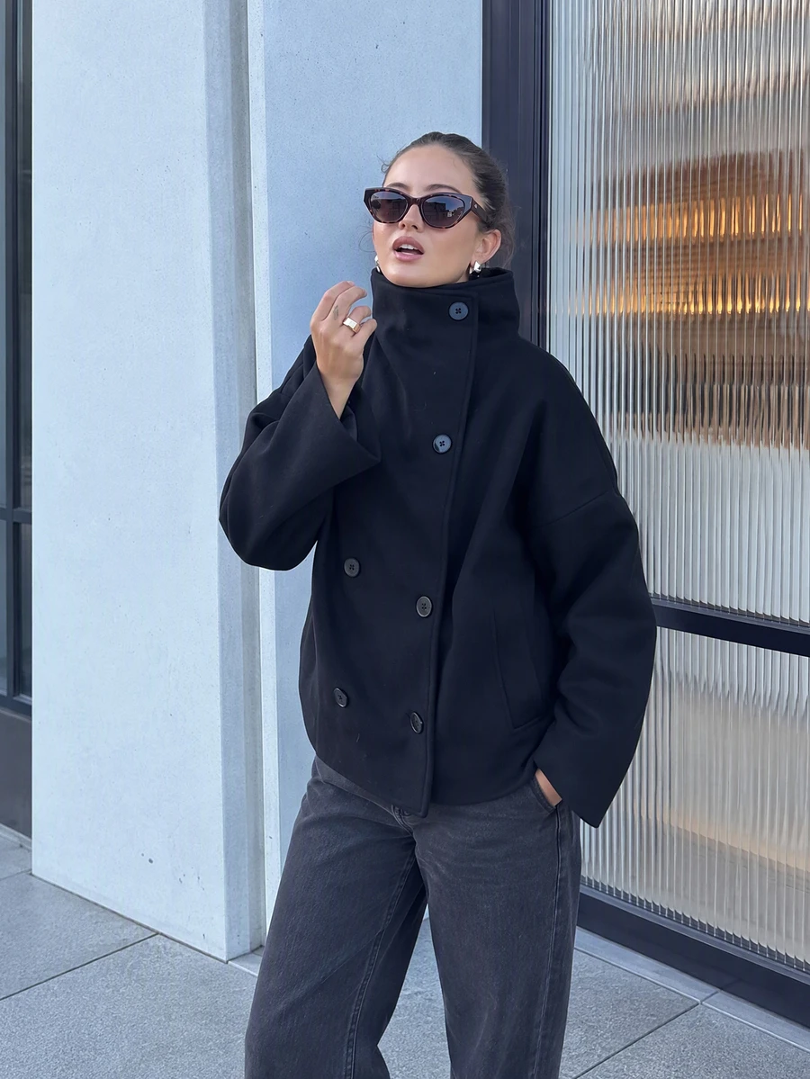 Vintage Style Solid Color Double-Breasted High Collar Women Jacket, Commuter Women Coat For Autumn/Winter Black Spring - Black - View 1