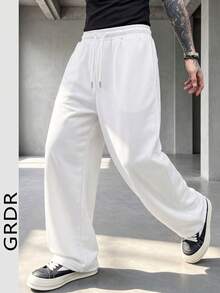 GRDR Men's Summer Loose Drawstring Elastic Waist Casual Pants, Draped Lazy Wide Leg Long Trousers - White - View 1