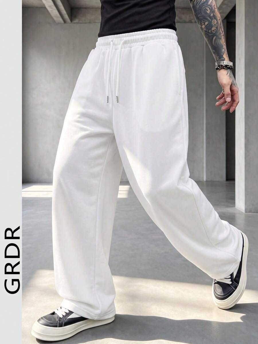 GRDR Men's Summer Loose Drawstring Elastic Waist Casual Pants, Draped Lazy Wide Leg Long Trousers - White - View 1
