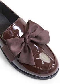 Trivaya Versatile Round Toe Bow Decor Low Heel Loafers, Mirror Finish Slip-On Shoes, Chunky Heel Leather Shoes, Vintage British Style - Brown - View 4