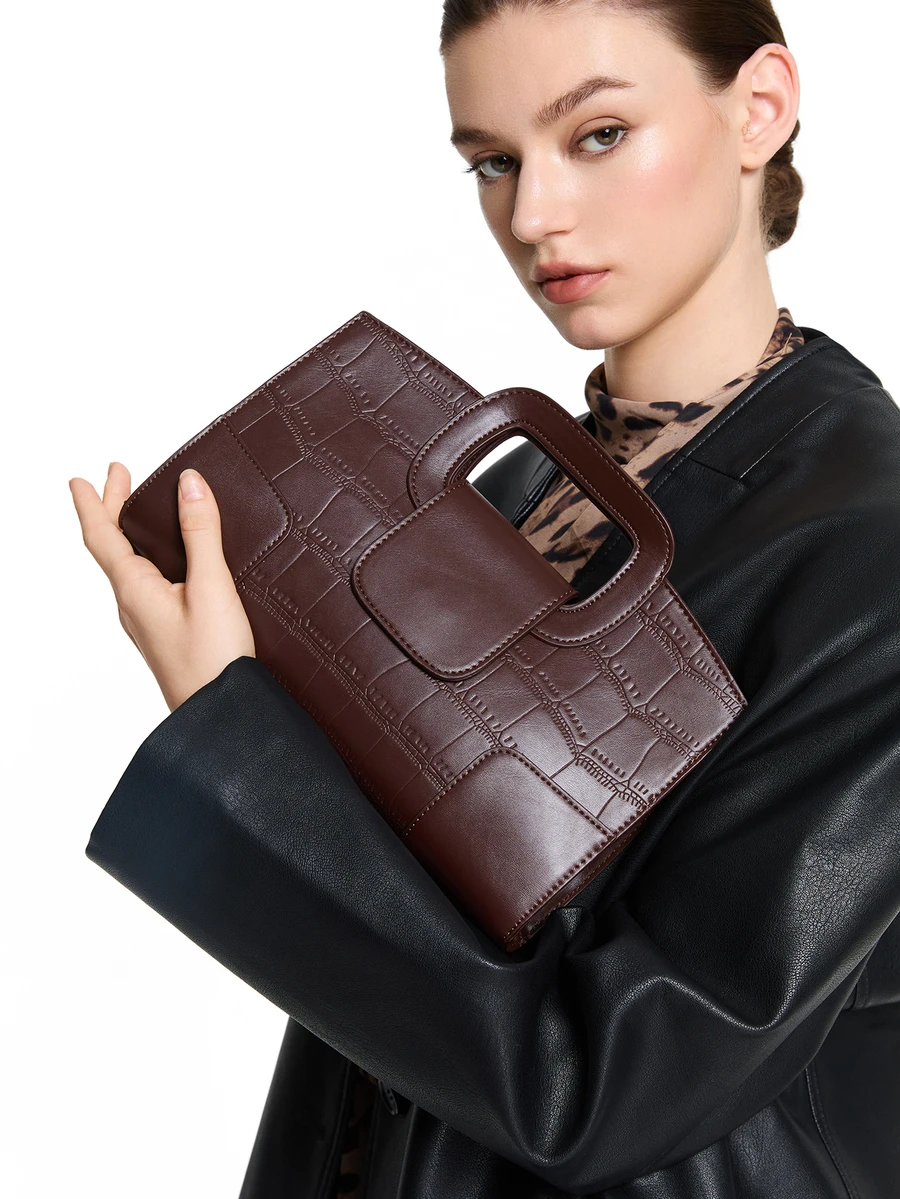 CHICVUE 1pc Elegant Women's Brown Crocodile Embossed Handbag - Coffee Brown - View 1
