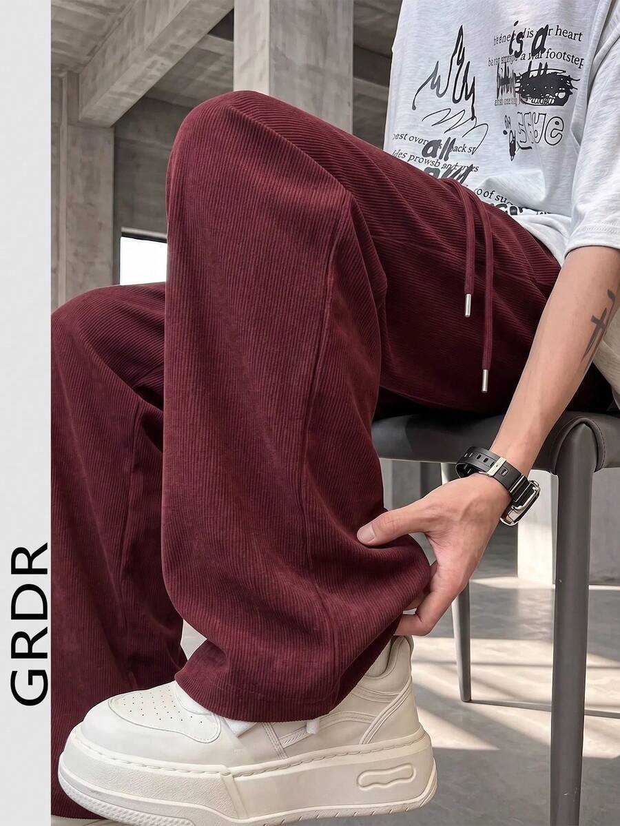 GRDR Men's Casual Elastic Waist Drawstring Loose Drapey Corduroy Wide Leg Long Pants - Burgundy - View 1