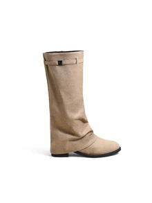 Trivaya 1 Pair Popular Folded Pleated Boots Fashion Buckle Flat Comfortable Solid Color Western Style Casual Microfiber - Khaki - View 4
