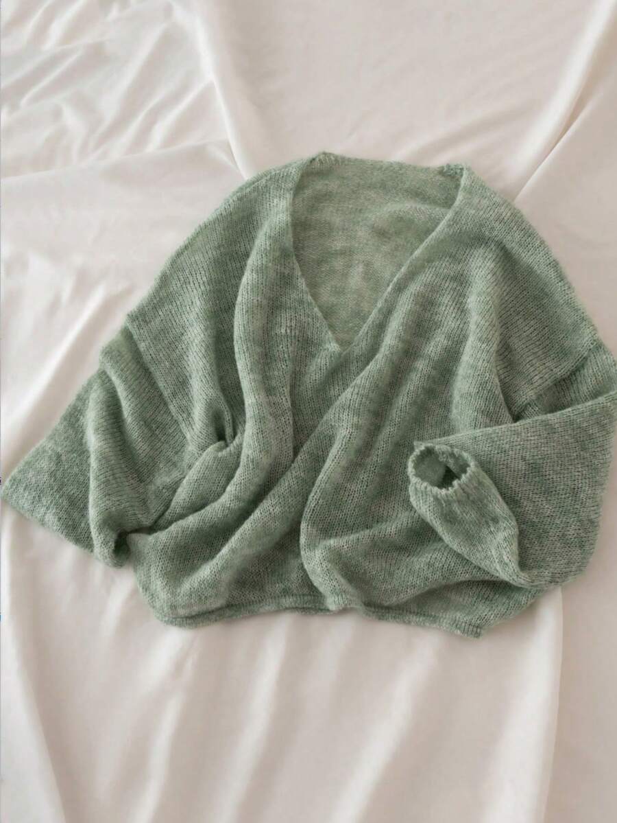 Plus Size Women 2026 Must Have Fall V Neck Cropped Knit Sweater,Long Sleeves,Fashion Chic Daily Going Out Loose - Gray Green - View 1