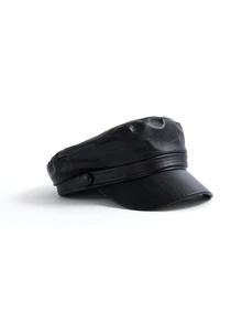 Okurime. Ladies' Solid Color Pu Leather Beret Cap - Black - View 2