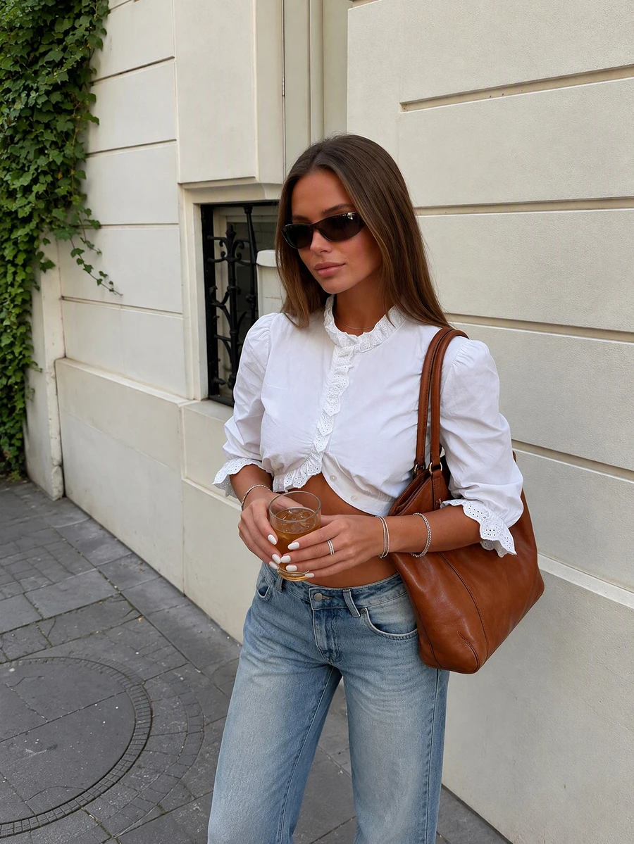 Women's Casual Colorblock Button-Up Short Shirt, Long Sleeve Curved Hem Top, White - White - View 1