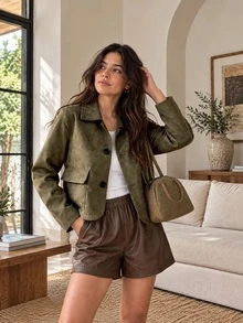 Women's Fashionable Versatile Suede Short Jacket, Suede Short Jacket Round Neck Long Sleeve Short Cropped Jacket, Button Up Winter Oversized Women Coat, Stylish - Camel - View 2