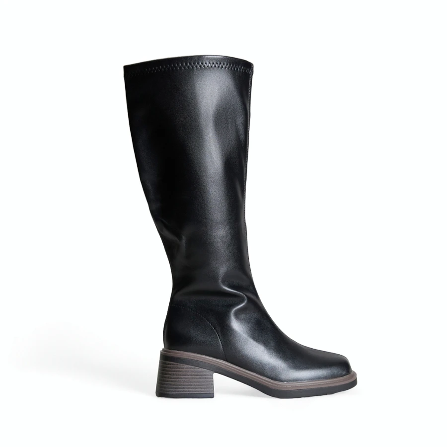 Avansion Sepatu bot skinny setinggi lutut dengan hak tebal dan ujung persegi, warna polos, dan karet elastis, cocok dipadukan dengan kardigan. - Hitam - View 1