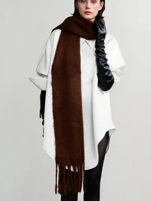 NobleVue 1pc Solid Color Thick Mohair Tassel Large Women's Scarf, Autumn/Winter Long Warm Shawl, Fluffy Fleece Fabric, Soft Matte Texture - Coffee Brown - View 4