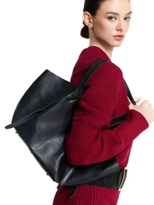 CHICVUE Women's Soft PU Trapezoid Tote Bag, Solid Color Minimalist Tie Design, Large Capacity - Black - View 4